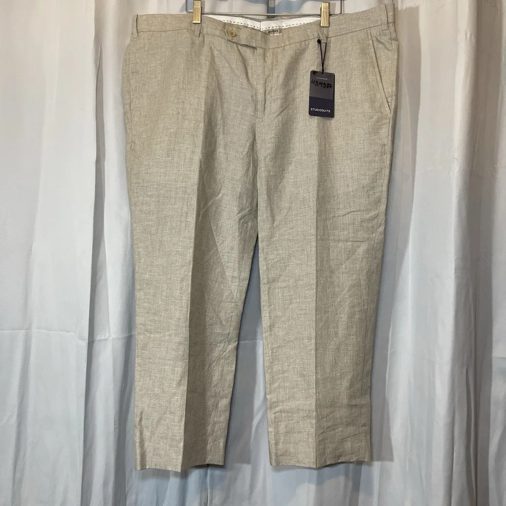 Men's BESPOKE STUDIO SUITS Linen Pants Light Natural Beige Trousers 45x26 Reg